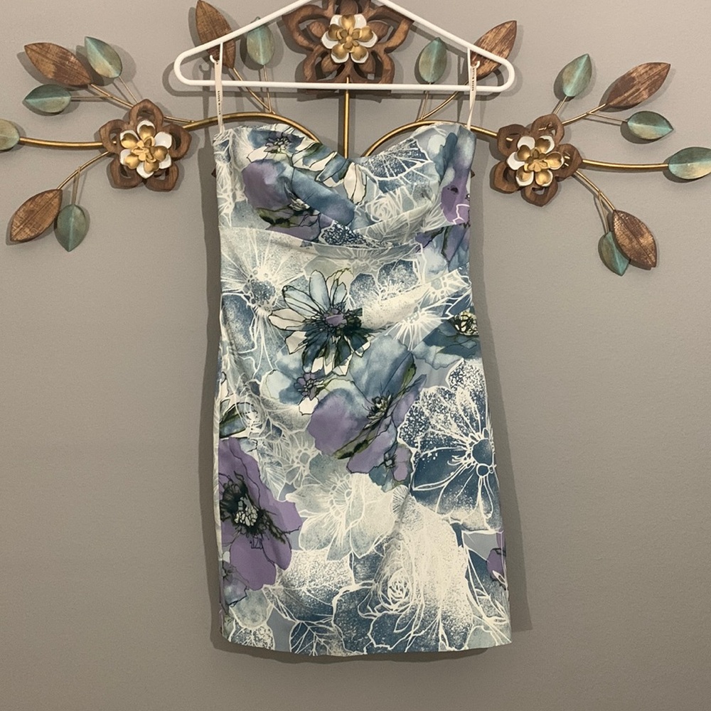 Karen Millen Light Blue Purple Floral Print Strapless Dress Size 6